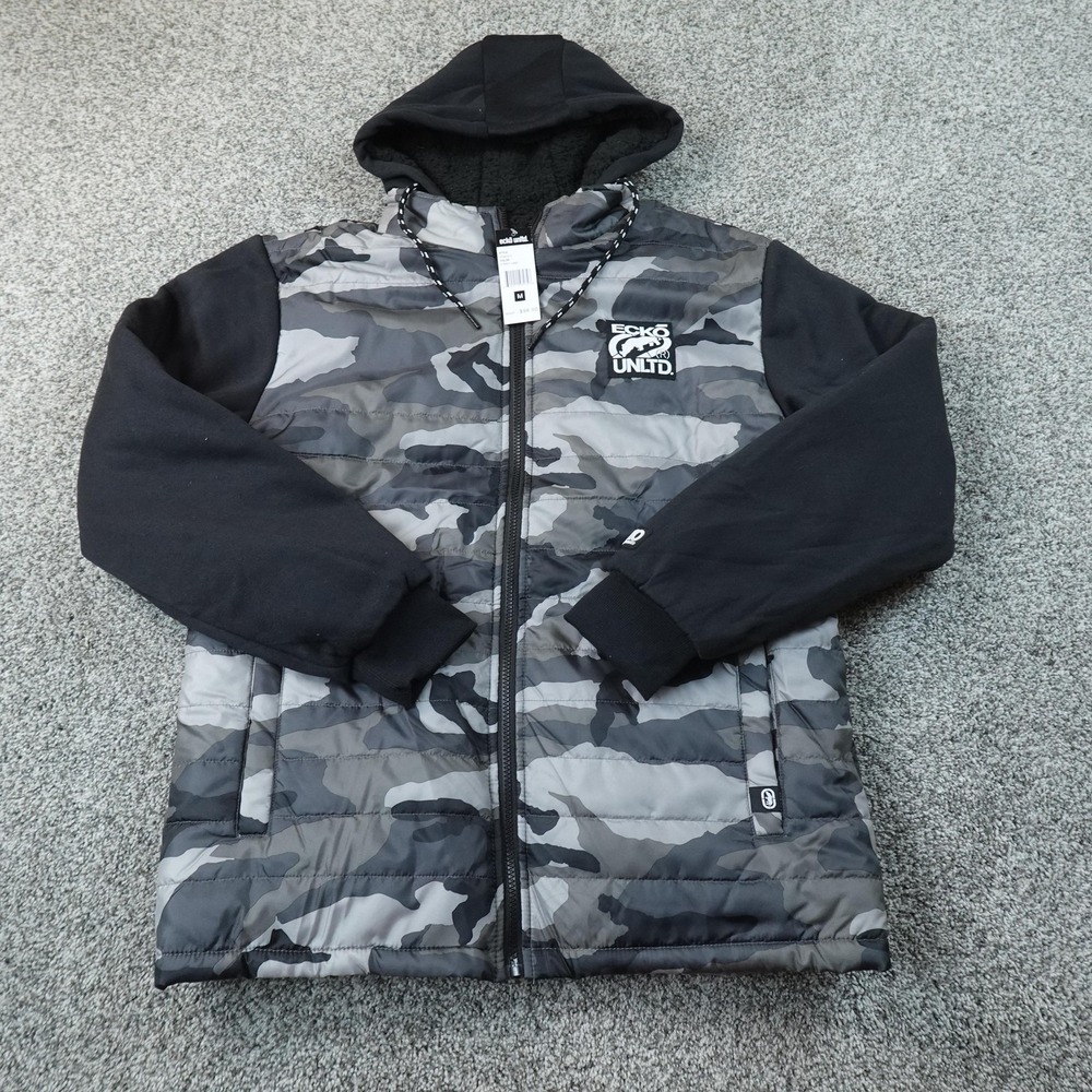 NEW Ecko Unltd Jacket Mens M Gray Camo Hooded Puffer Fleece Lined Coat Outdoor